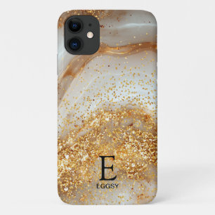 White marble chic gold glitter monogram iPhone 11 case