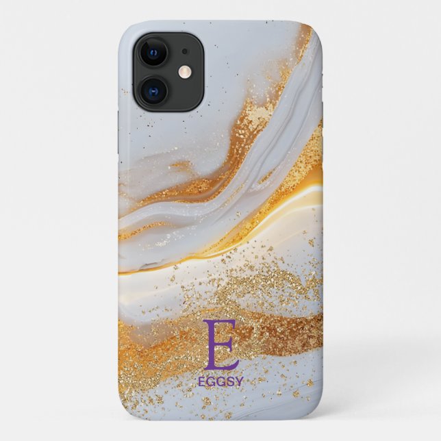 White marble chic gold glitter monogram Case-Mate iPhone case (Back)