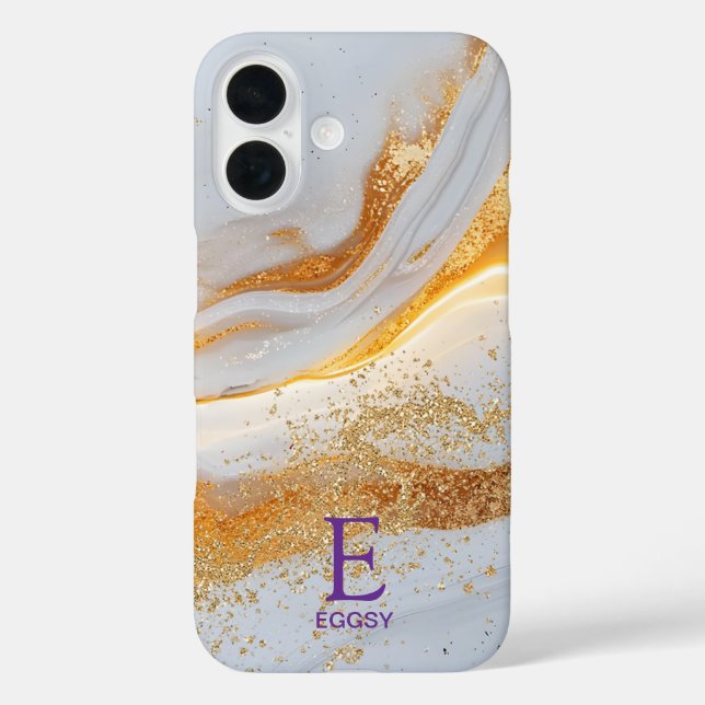 White marble chic gold glitter monogram Case-Mate iPhone case (Back)
