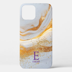 White marble chic gold glitter monogram iPhone 12 case