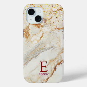 White marble chic gold glitter monogram iPhone 15 case