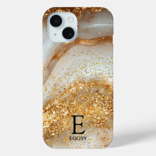 White marble chic gold glitter monogram iPhone 15 case