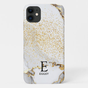 White marble chic gold glitter monogram iPhone 11 case