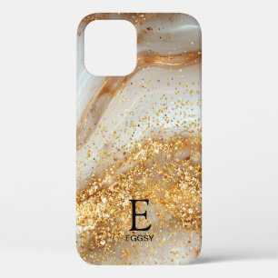 White marble chic gold glitter monogram iPhone 12 case