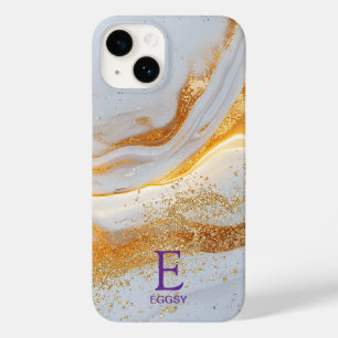 White marble chic gold glitter monogram Case-Mate iPhone 14 case