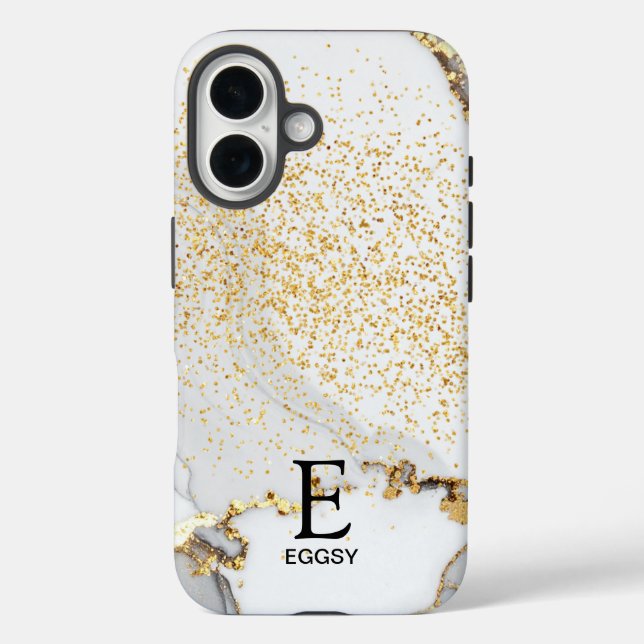 White marble chic gold glitter monogram Case-Mate iPhone case (Back)