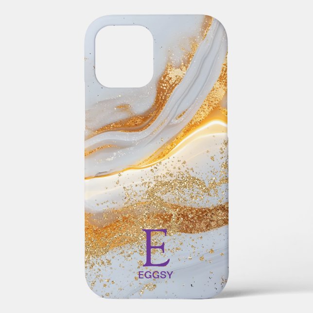 White marble chic gold glitter monogram Case-Mate iPhone case (Back)