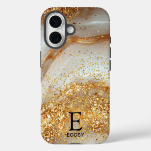White marble chic gold glitter monogram iPhone 16 case