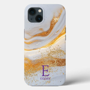 White marble chic gold glitter monogram iPhone 13 case
