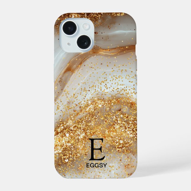 White marble chic gold glitter monogram iPhone 15 case (Back)