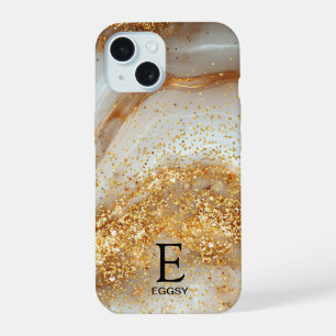 White marble chic gold glitter monogram iPhone 15 case