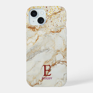 White marble chic gold glitter monogram iPhone 15 case