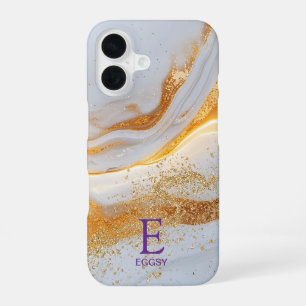 White marble chic gold glitter monogram iPhone 16 case