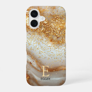 White marble chic gold glitter monogram iPhone 16 case