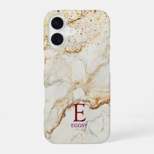White marble chic gold glitter monogram iPhone 16 case