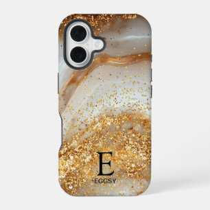 White marble chic gold glitter monogram iPhone 16 case