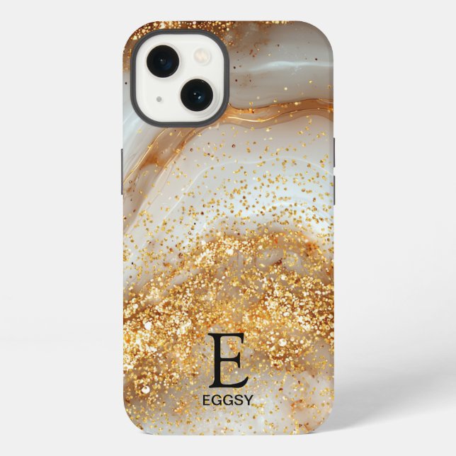 White marble chic gold glitter monogram iPhone case (Back)