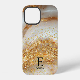 White marble chic gold glitter monogram iPhone 12 case