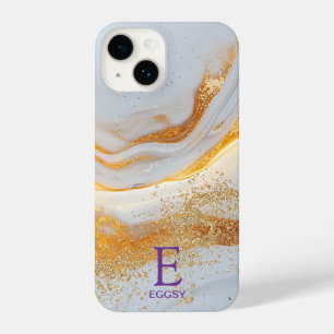 White marble chic gold glitter monogram iPhone 14 case