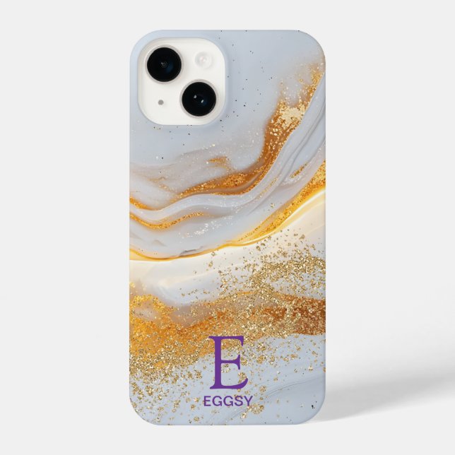 White marble chic gold glitter monogram iPhone case (Back)