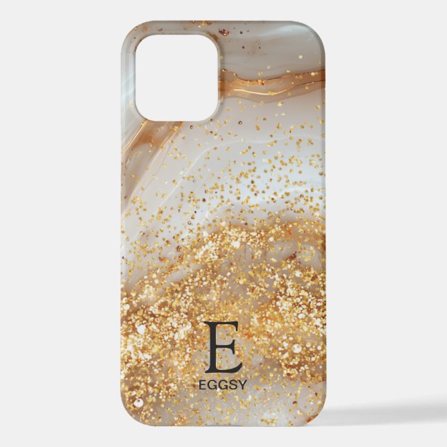 White marble chic gold glitter monogram iPhone case (Back)