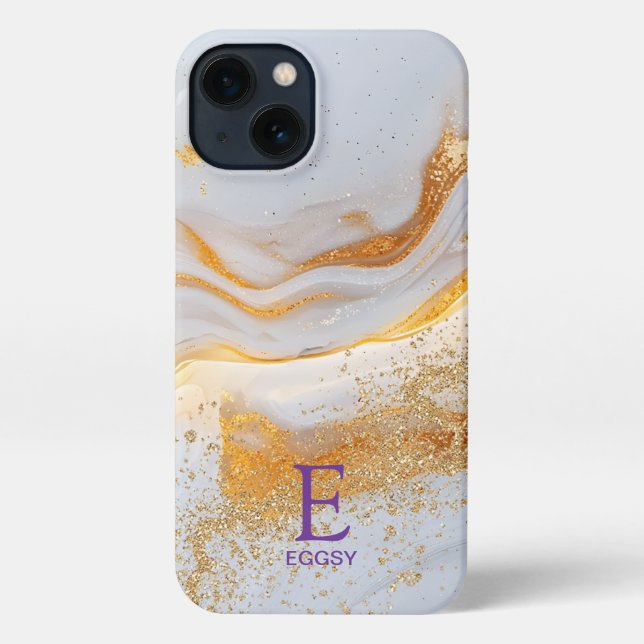 White marble chic gold glitter monogram iPhone case (Back)