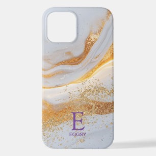 White marble chic gold glitter monogram iPhone 12 case