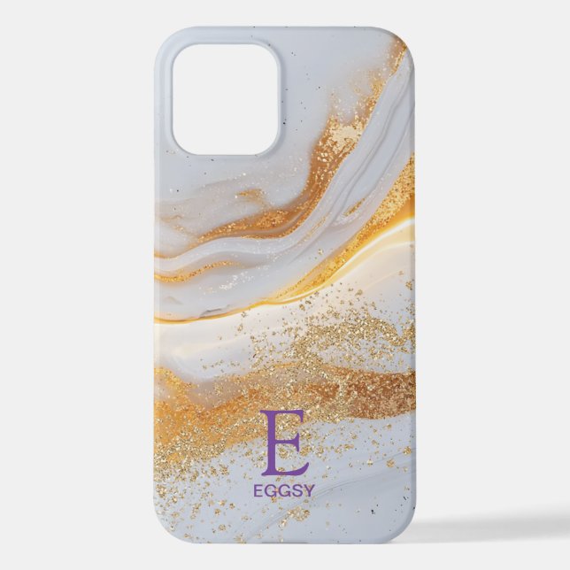 White marble chic gold glitter monogram iPhone case (Back)