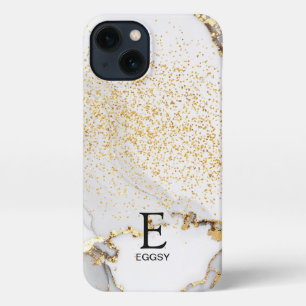 White marble chic gold glitter monogram iPhone 13 case