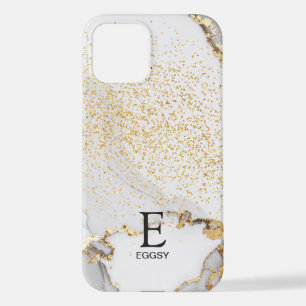 White marble chic gold glitter monogram iPhone 12 case