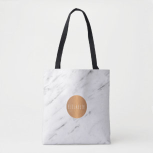 White marble copper geometric monogram books tote bag