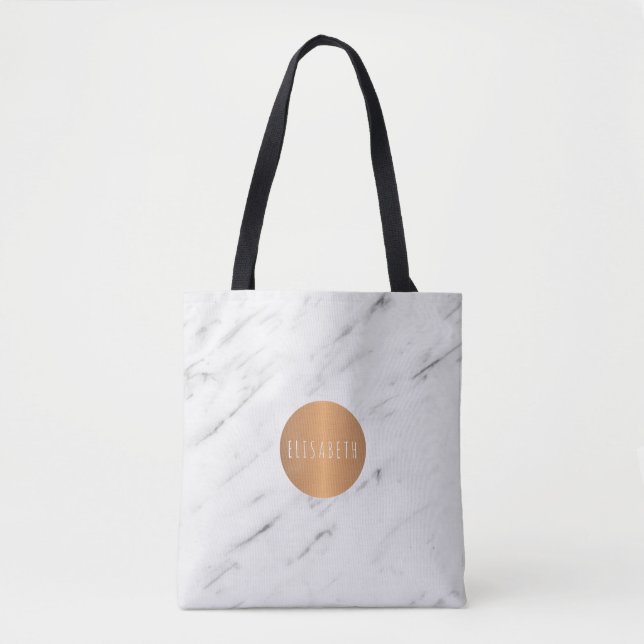 White marble copper geometric monogram books tote bag (Front)