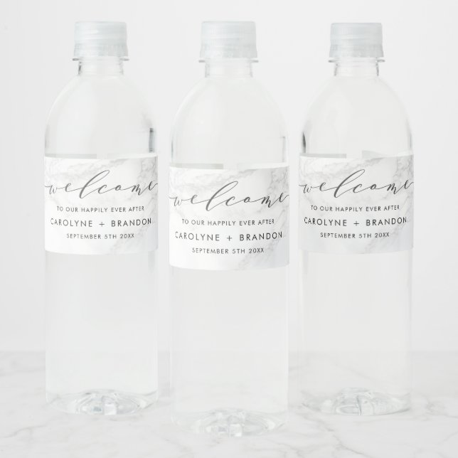 White Marble Custom Wedding Water Bottle Labels (Bottles)