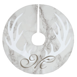 White Marble Deer Antlers Taupe Monogram Brushed Polyester Tree Skirt