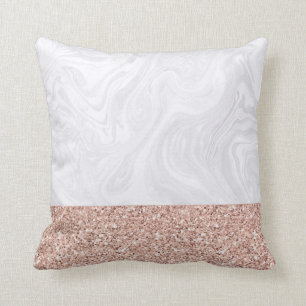 White Marble Dipped in Faux Rose Gold Glitter Throw Pillow