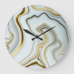 White Marble Effect with Flowing Golden Contours Large Clock