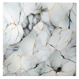 White Marble Effect with Gold and Black Veins Tile