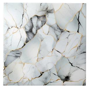 White Marble Effect with Gold and Black Veins Tile
