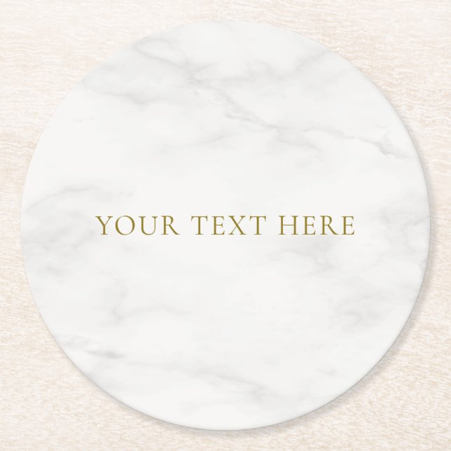 White Marble Elegant Gold Look Text Template Round Paper Coaster (Front)