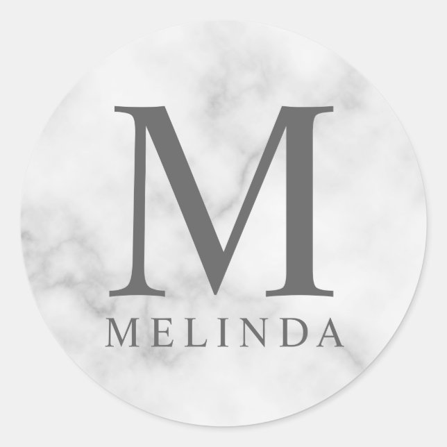 White Marble Elegant Monogram Classic Round Sticker (Front)
