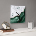 White Marble Emerald Green Agate Gold Glitter Square Wall Clock<br><div class="desc">Elegant modern white marble and emerald green agate trimmed with faux gold glitter combine in this luxurious square wall clock. The numbers 3 and 6 appear in light grey on the blue agate background,  while the numbers 9 and 12 appear in green on the white marble.</div>