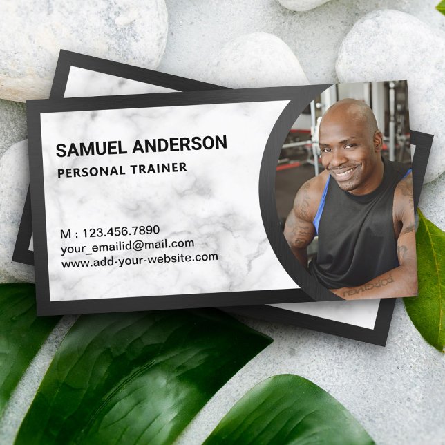White Marble Fitness Personal Trainer Photo Business Card (Creator Uploaded)
