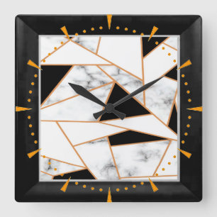 White Marble Geometric in gold, black Square Wall Clock
