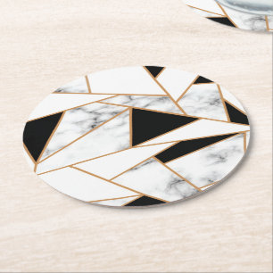 White Marble Geometric in Gold Round Paper Coaster