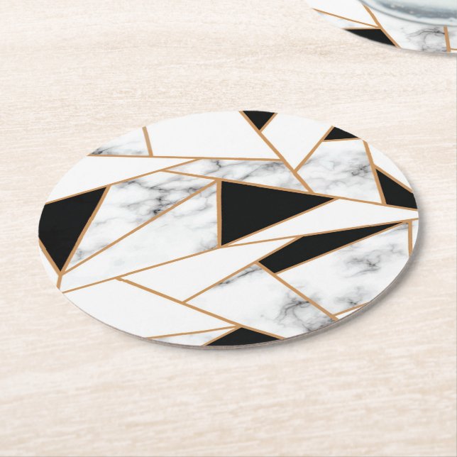 White Marble Geometric in Gold Round Paper Coaster (Angled)