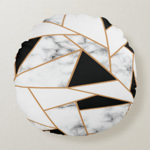 White Marble Geometric in Gold Round Pillow