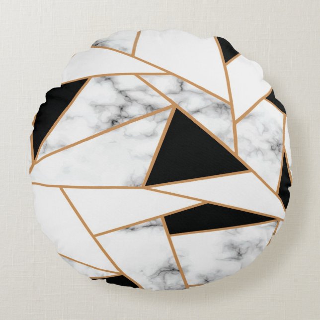 White Marble Geometric in Gold Round Pillow (Front)
