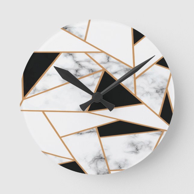 White Marble Geometric pattern in Gold Round Clock (Front)