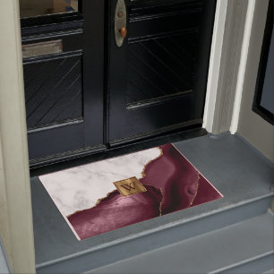 White Marble Gilded Burgundy Agate Monogram Doormat