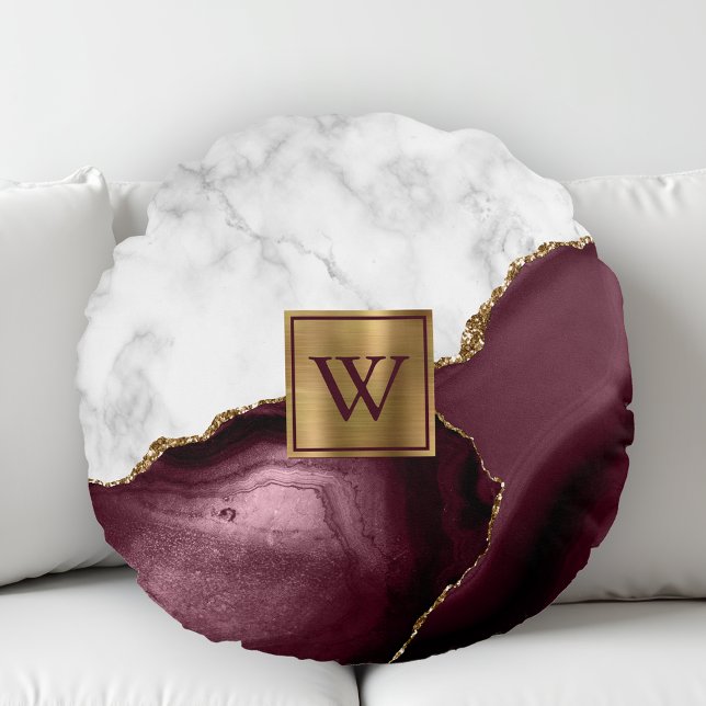 White Marble Gilded Burgundy Agate Monogram Round Pillow (Creator Uploaded)